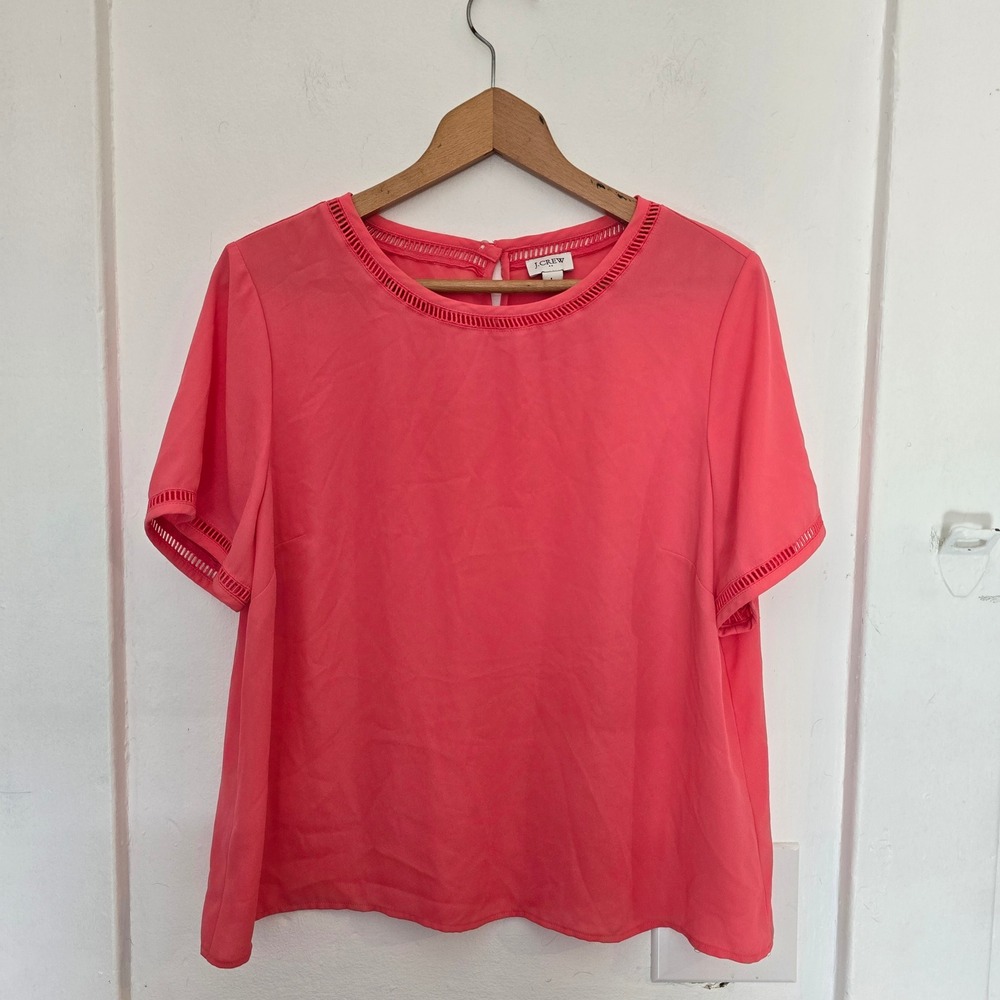 J. Crew Coral Pink Blouse Size L Short Sleeve Lightweight Ladder Trim Top
